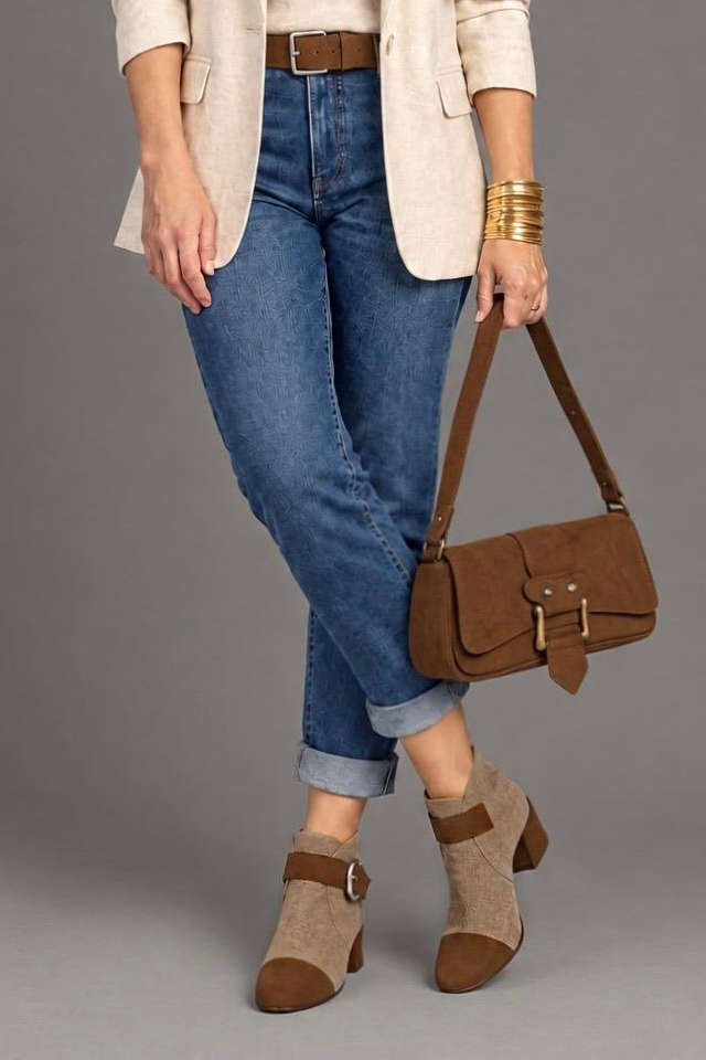Women's cognac front-buckle ankle boots with round toe and low flared heel - Worn view
